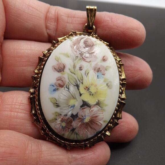 Vintage Floral Porcelain Oval Pendant, Bamboo Design Frame, No Chain, 2 3/8 Inch - Picture 10 of 10